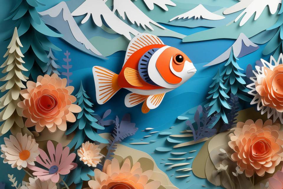 Ein lebendiger Clownfisch schwimmt durch eine farbenfrohe Unterwasserwelt, die kunstvoll im Papercut-Stil gestaltet ist. 