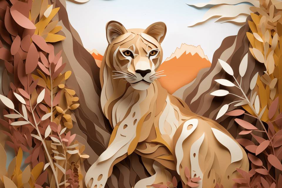 A skilfully crafted wall mural depicts a majestic big cat resting in an autumnal mountain landscape.