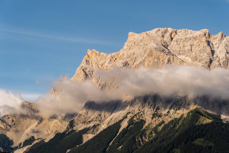 Cloud-shrouded peaks of the Zugspitze.
