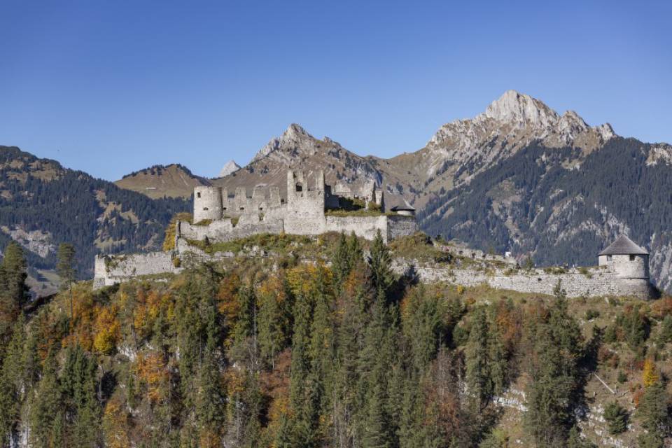 Die Burg vom Burgenensemble Ehrenberg steht auf einer Erhöhung mit Bergen im Hintergrund.