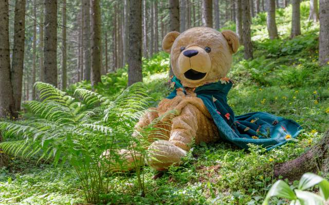 Familotel Kaiserhof Maskottchen Bärtram sitzt im Wald