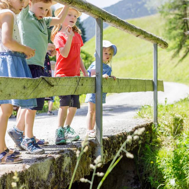 Kinder stehen auf einer Brücke und schauen runter