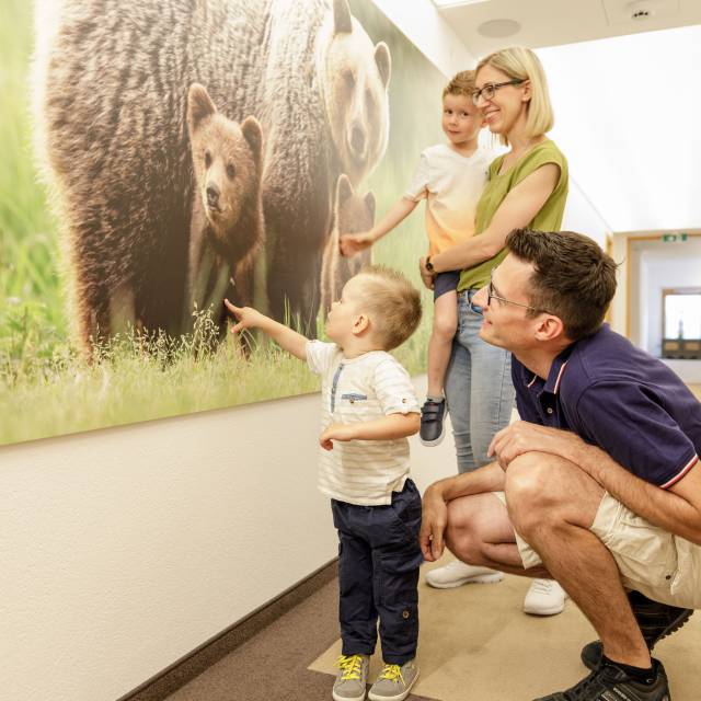 Familie steht vor großem Wandbild mit Bären darauf