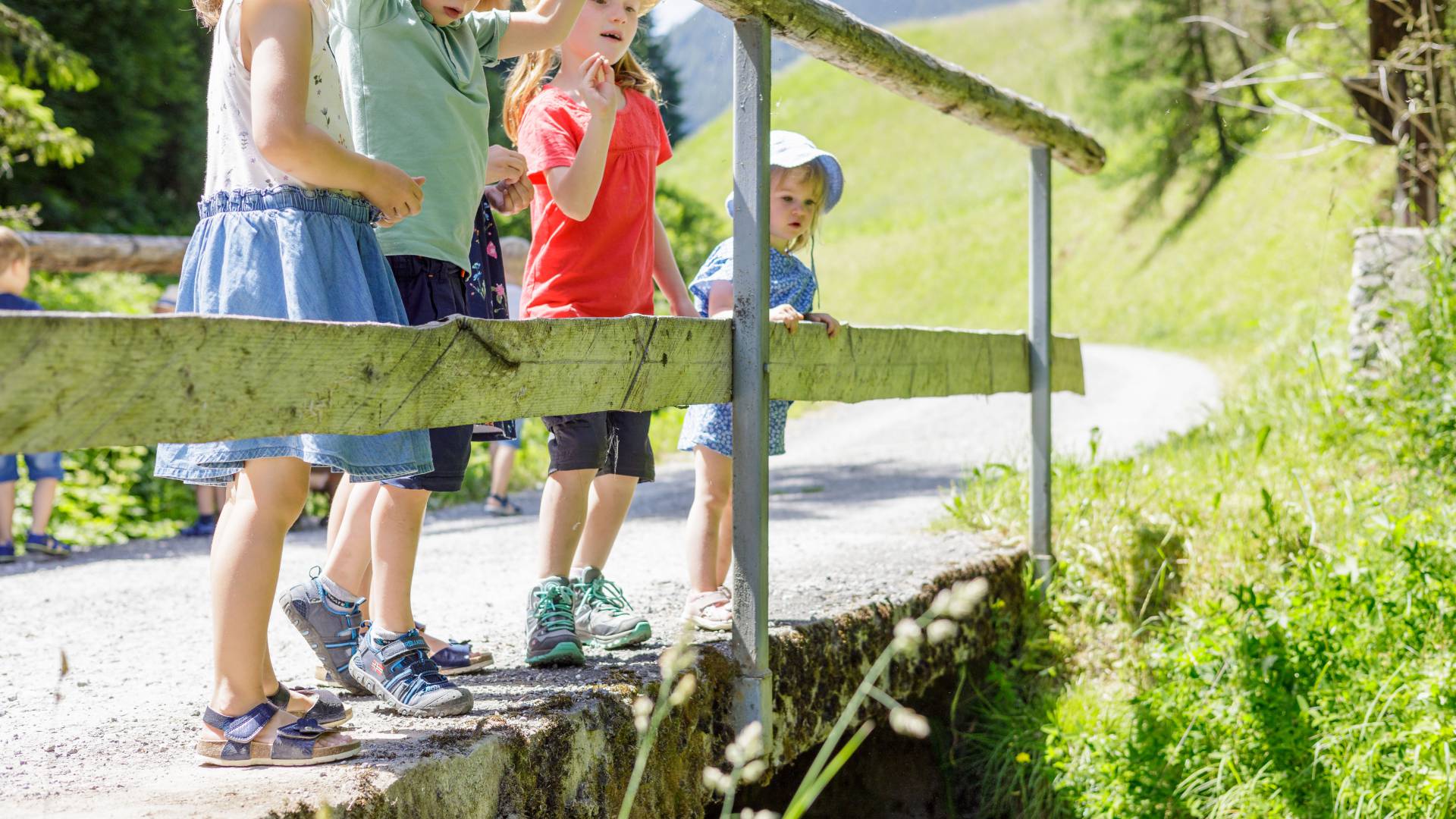 Children stand on a bridge and look down